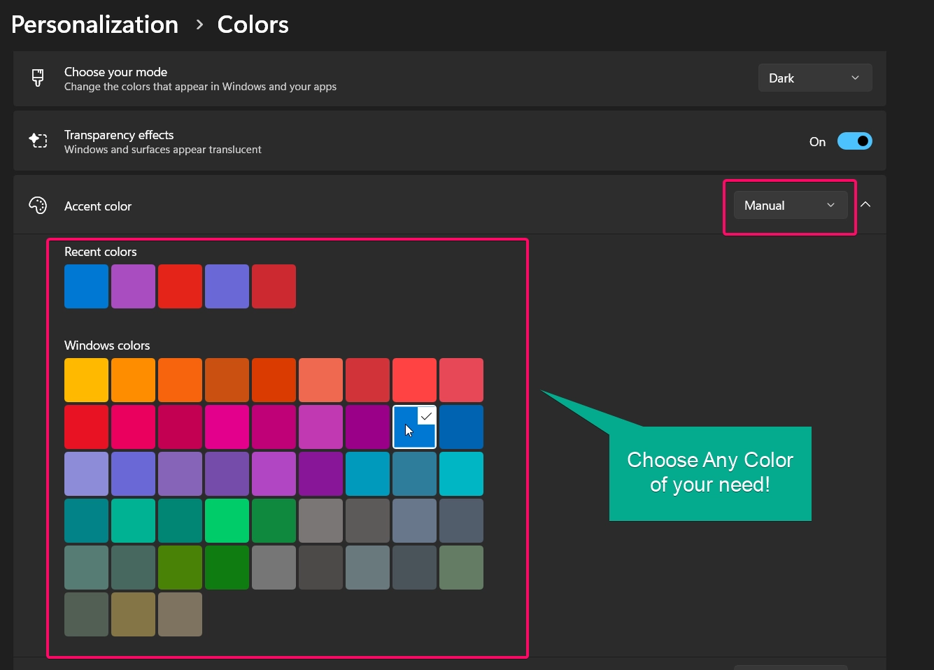 Choosing Accent Color using Manual settings