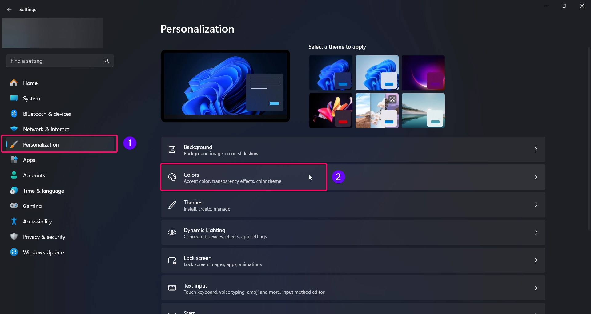 Colors option in Personalization Settings Menu