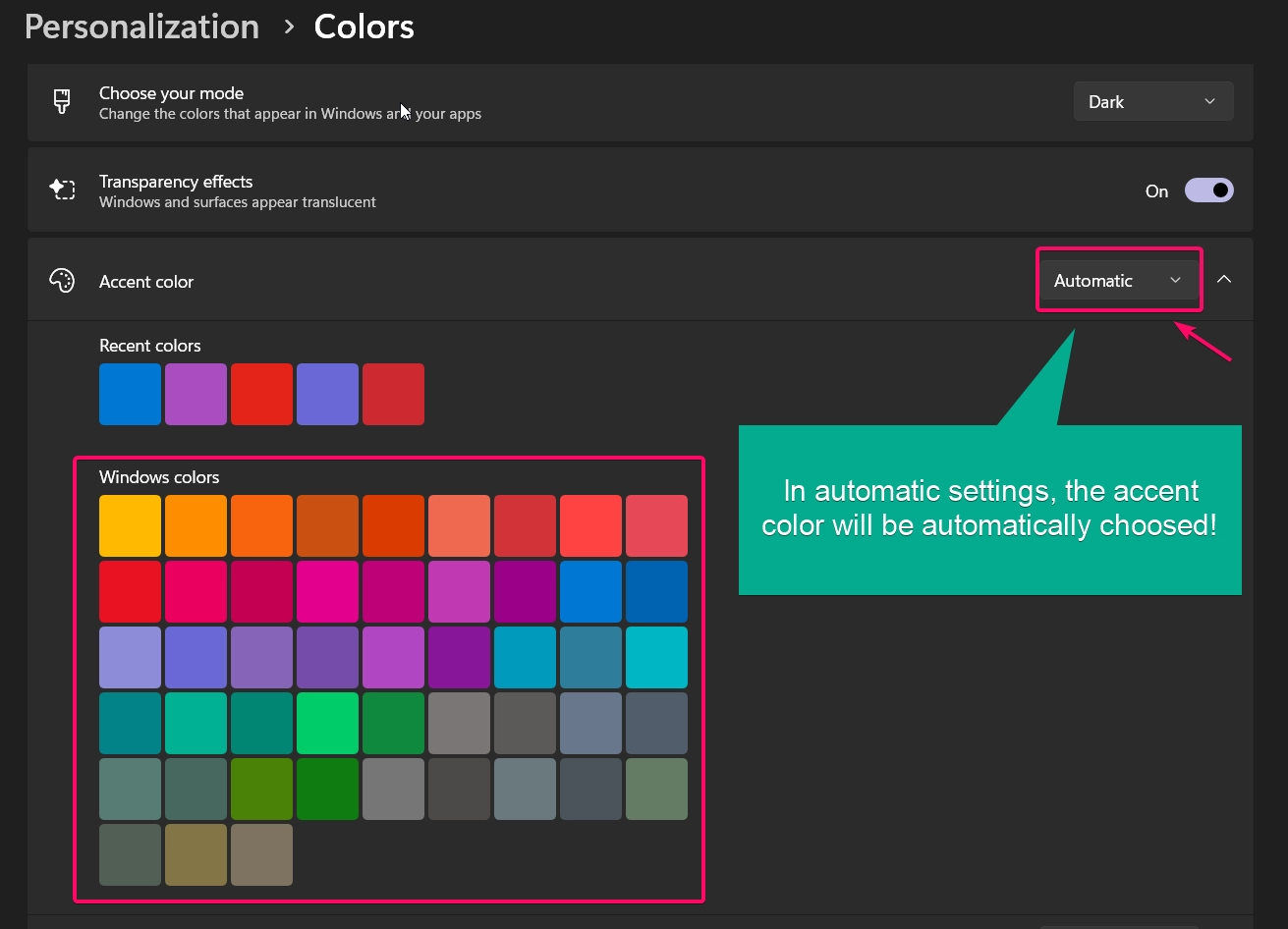 Choosing Accent Color using Automatic settings