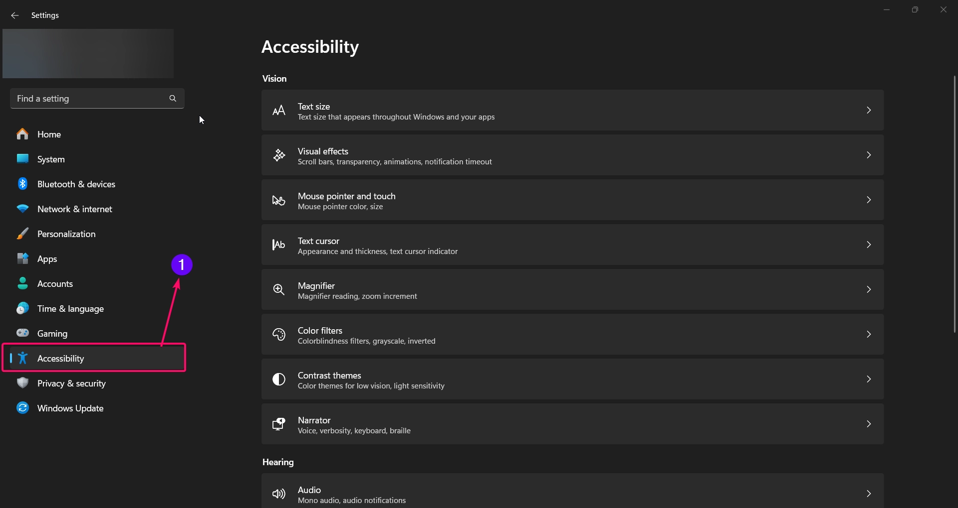 Open Accessibility in Windows Settings