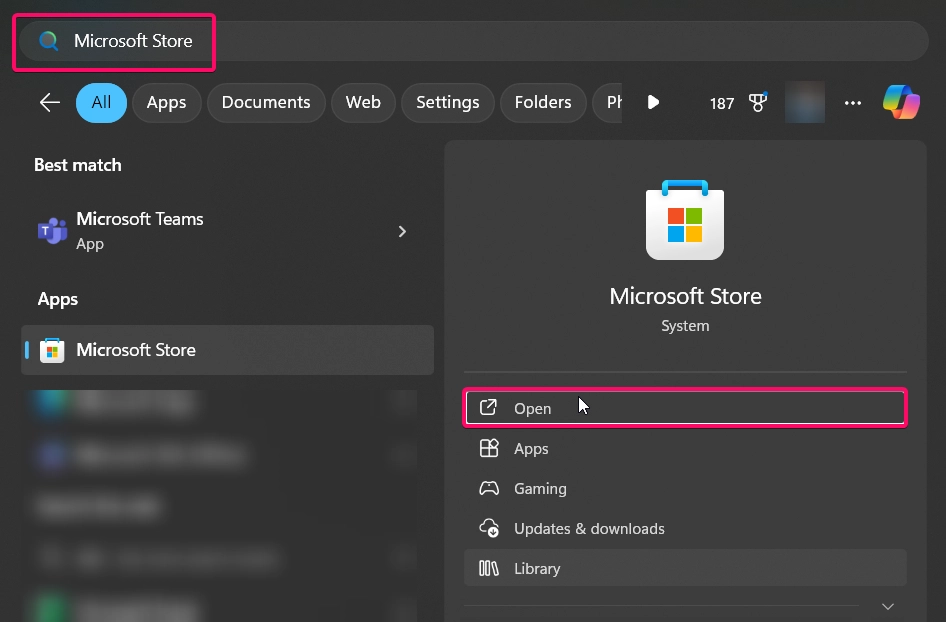 Open Microsoft store from start menu