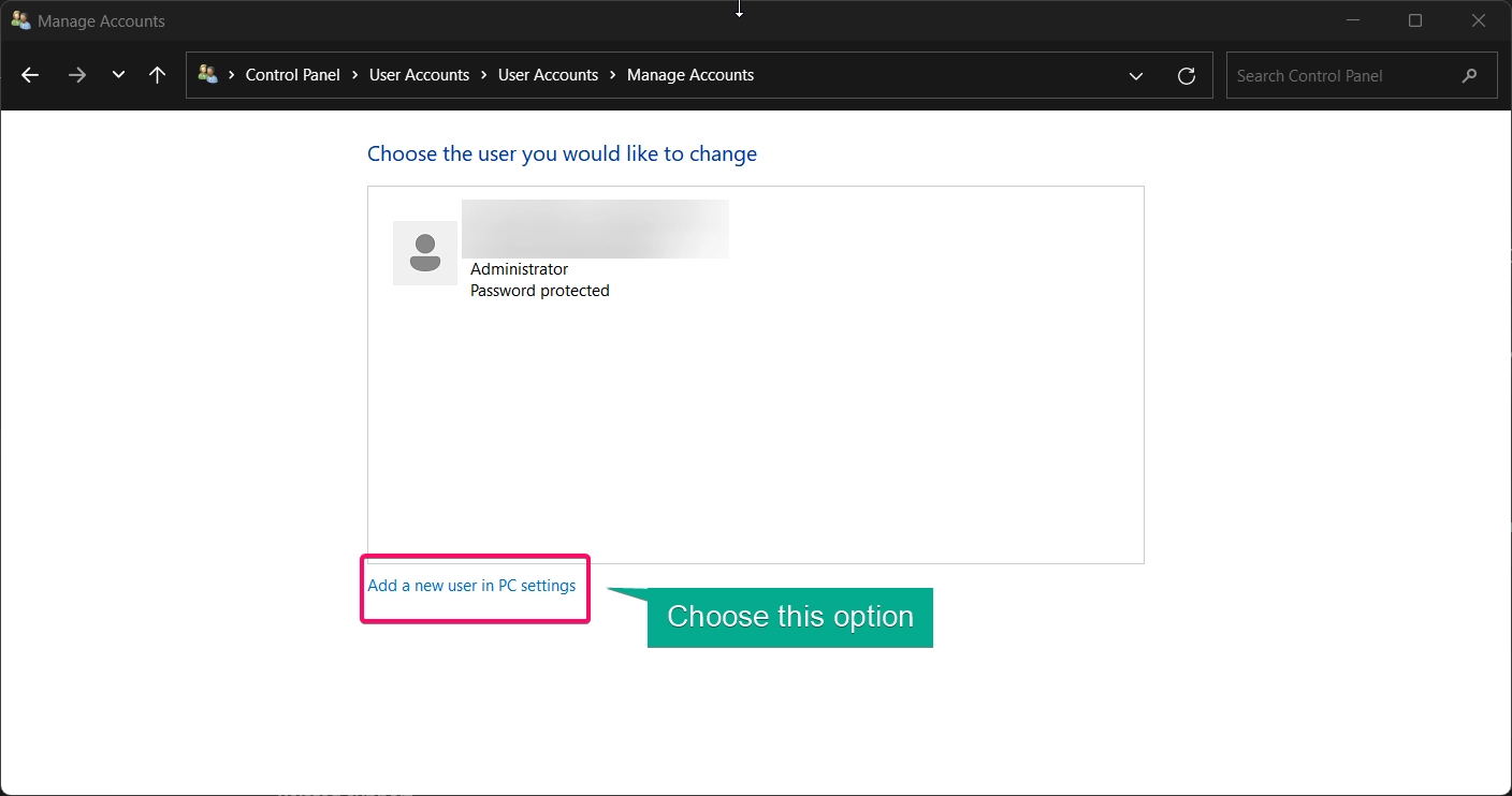 Choose Add a new user in PC settings option