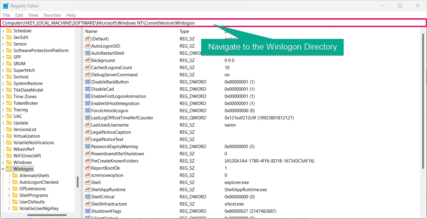 Navigating to the Winlogon Directory in Registry Editor