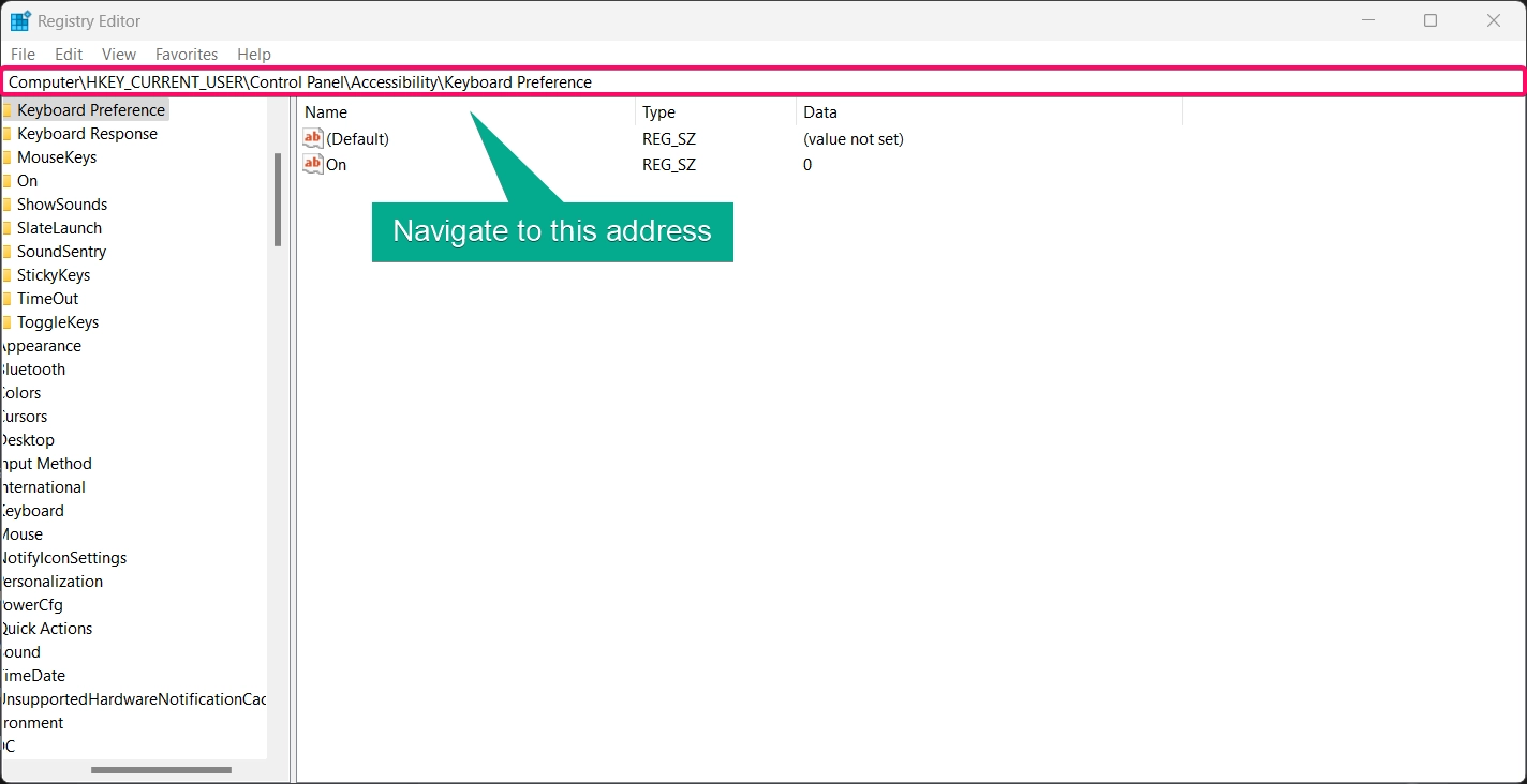 Navigate to the address in registry editor