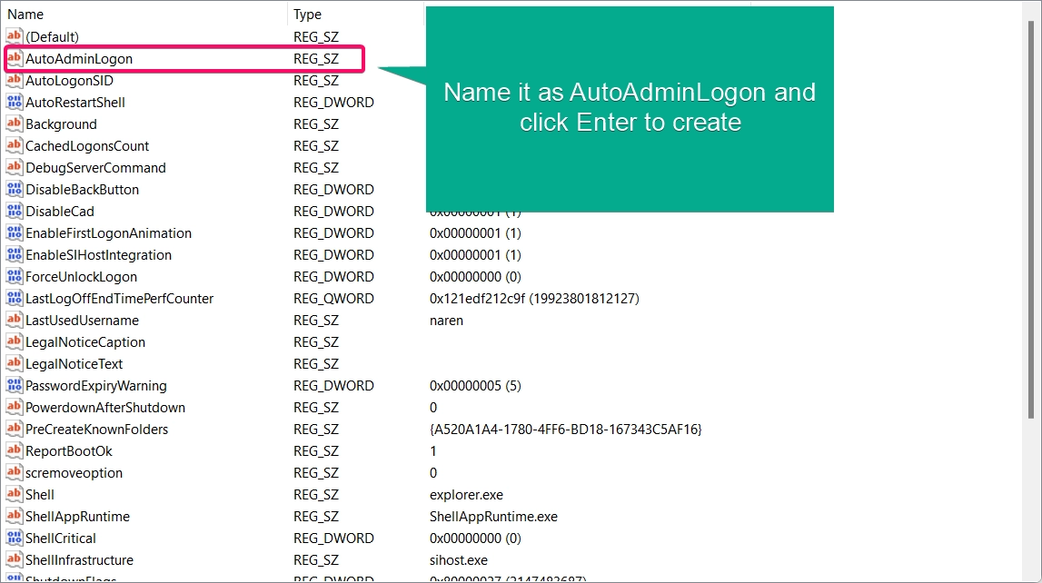 Create a new AutoAdminLogon String Value