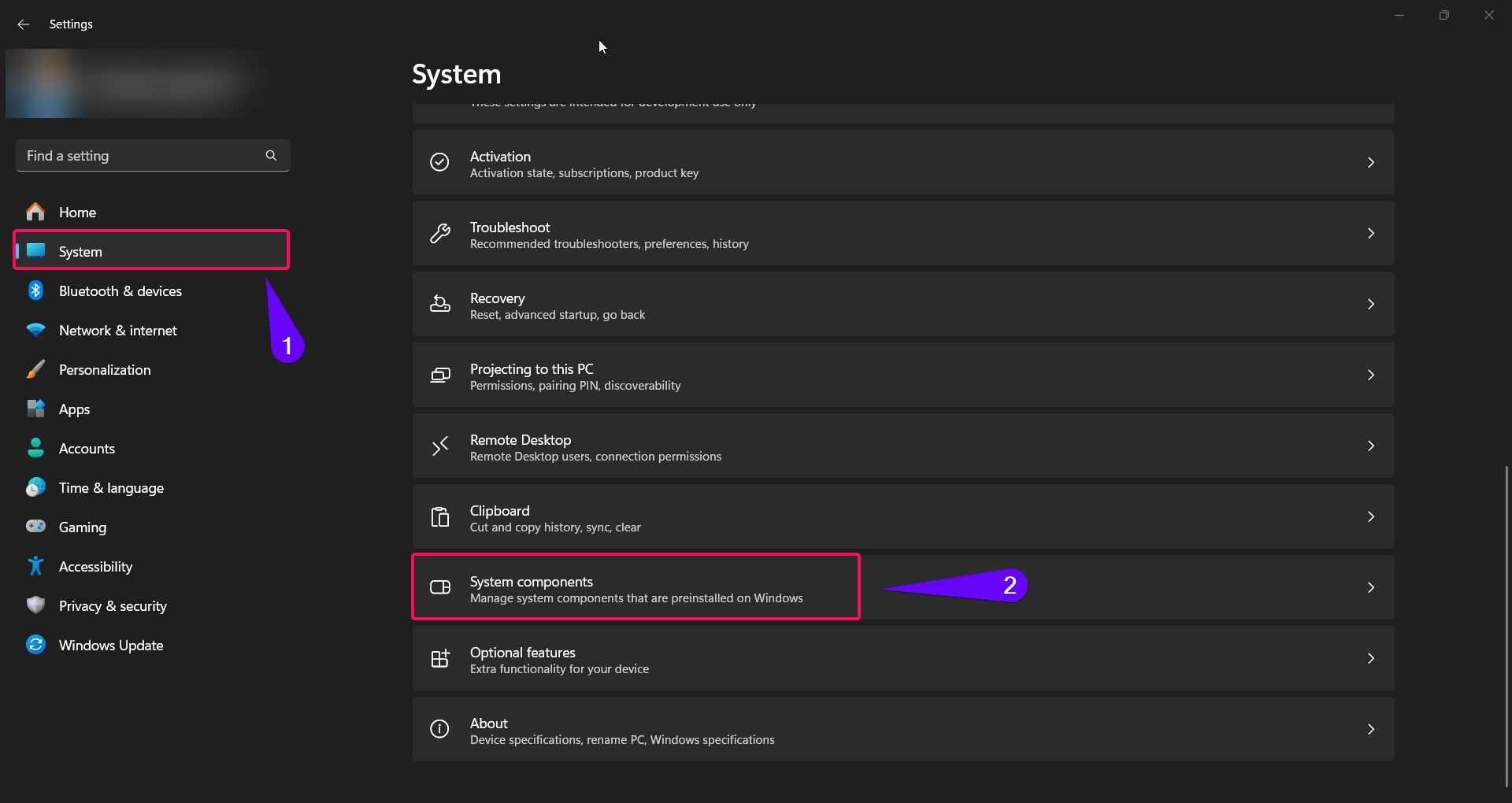 Open System Components option from Windows Settings