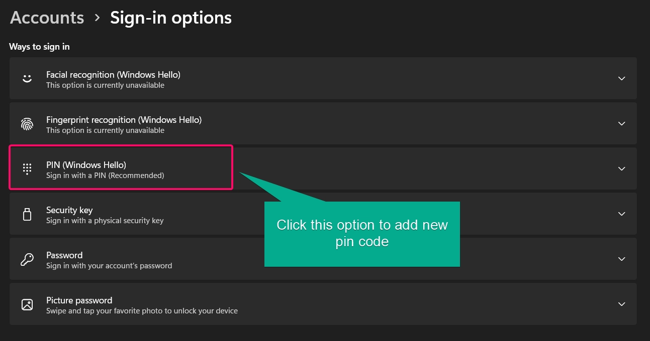 Click PIN from Windows Hello option