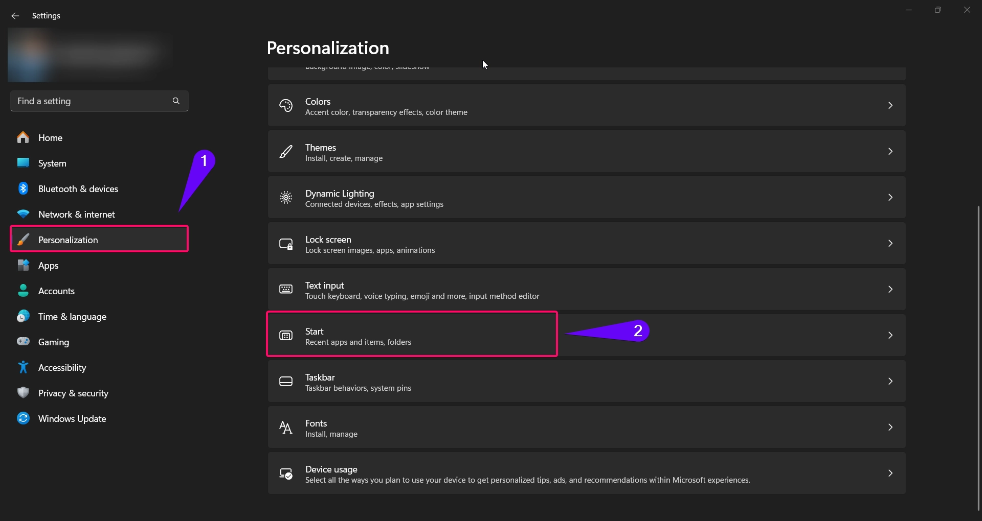 Choose Start from Personalization settings