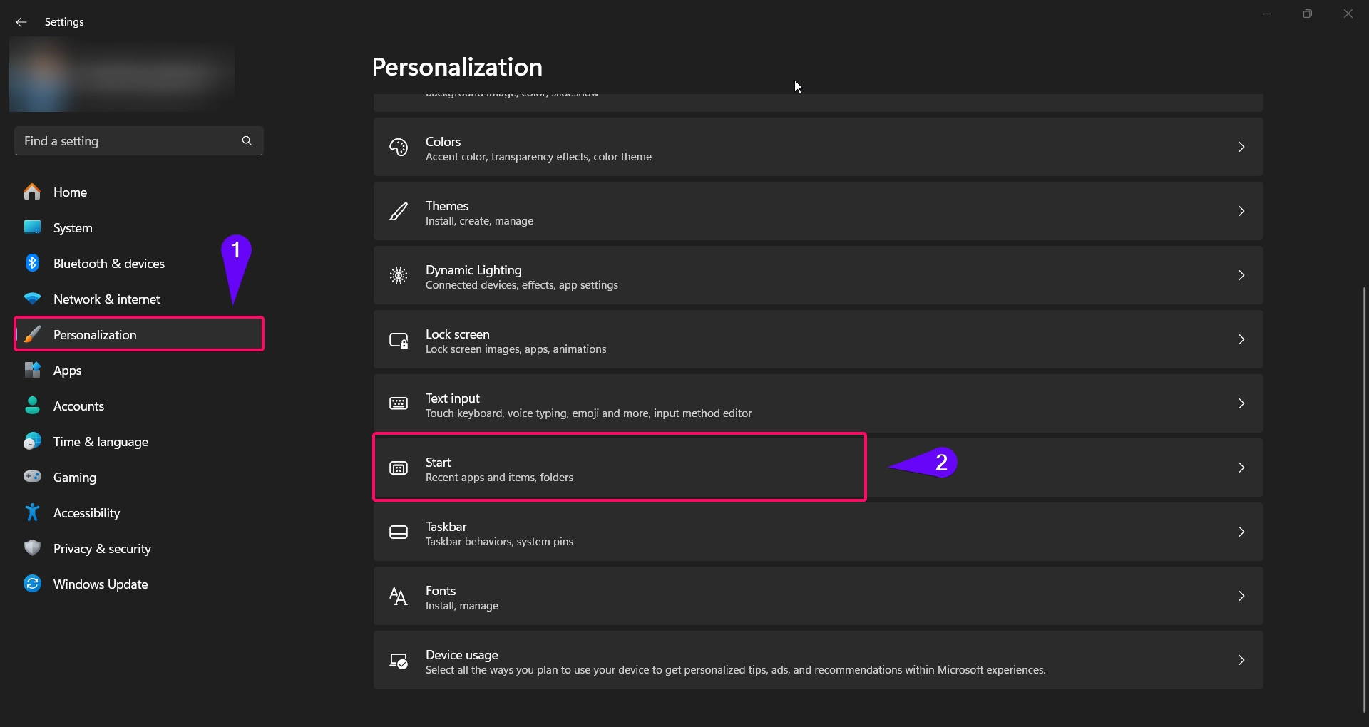 Choose Start option from the WIndows settings