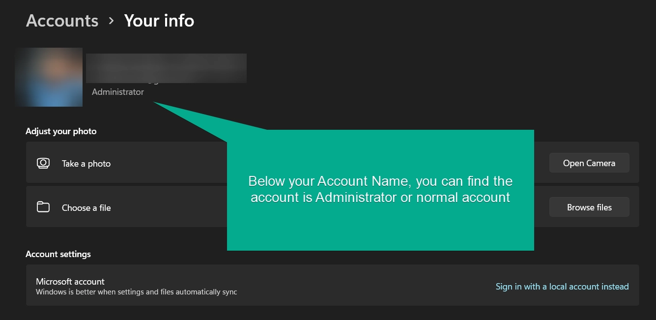 Finding Account is admin or normal account using settings