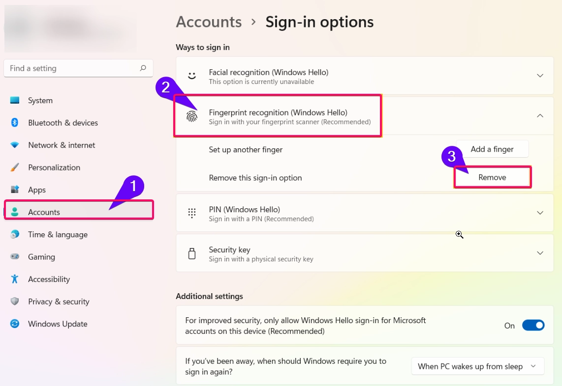 Remove fingerprint from windows hello