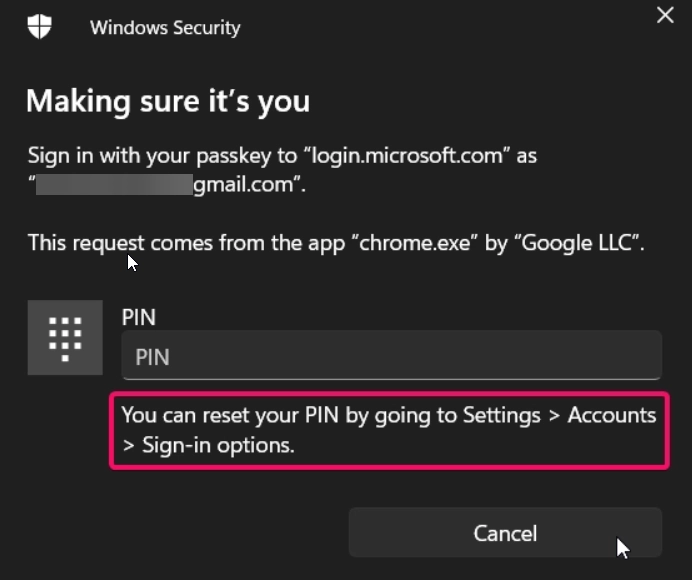 Resetting pin information from online account