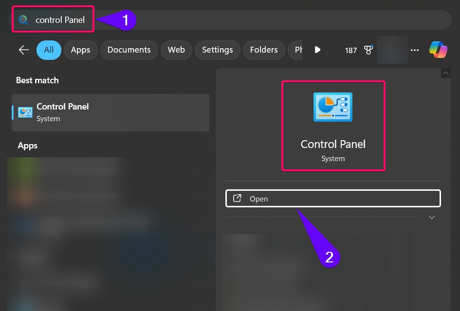 Open Control Panel from Start menu