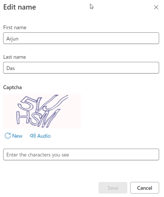 Edit your current name using online microsoft website