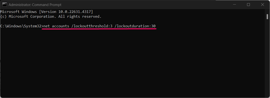 Command to set the timer to 30 minutes for account lockout timer duration