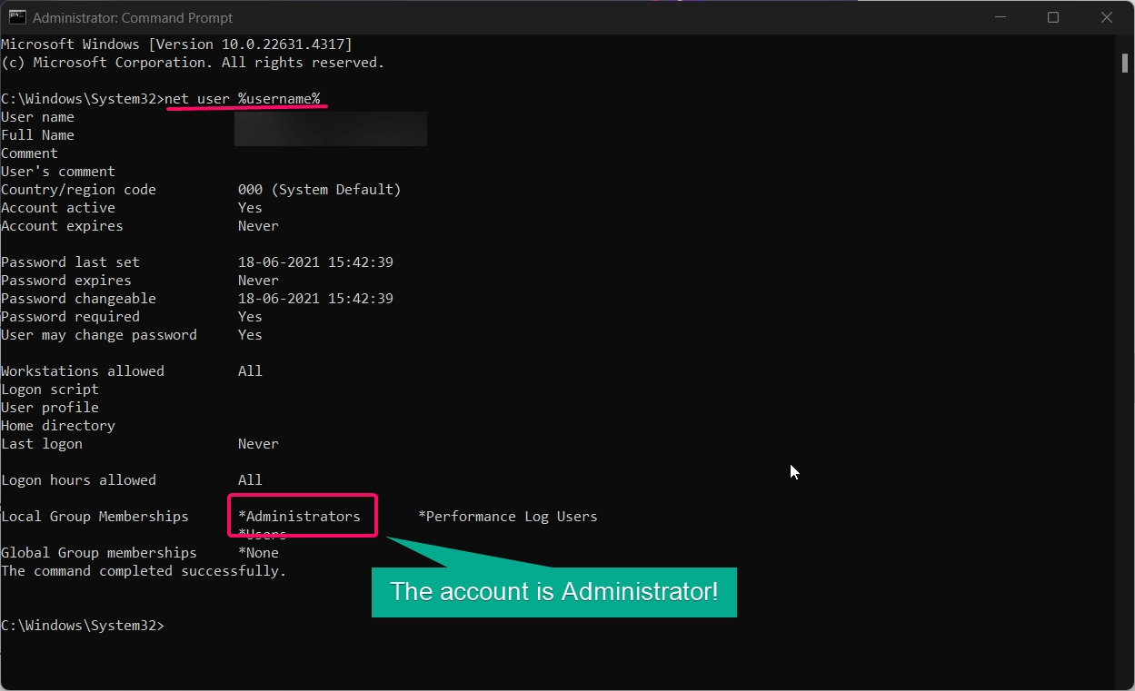 Finding account is admin or standard account using command prompt