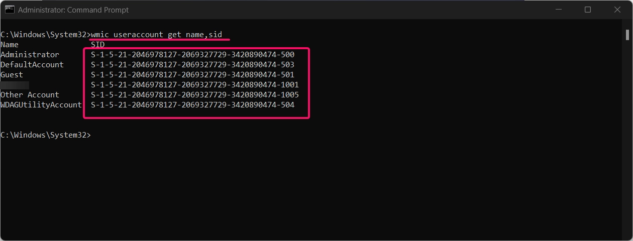 Command to display all available users and their SID values