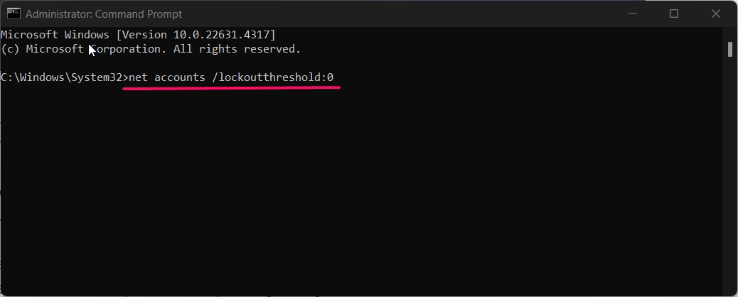 Command to disable account lockout threshold