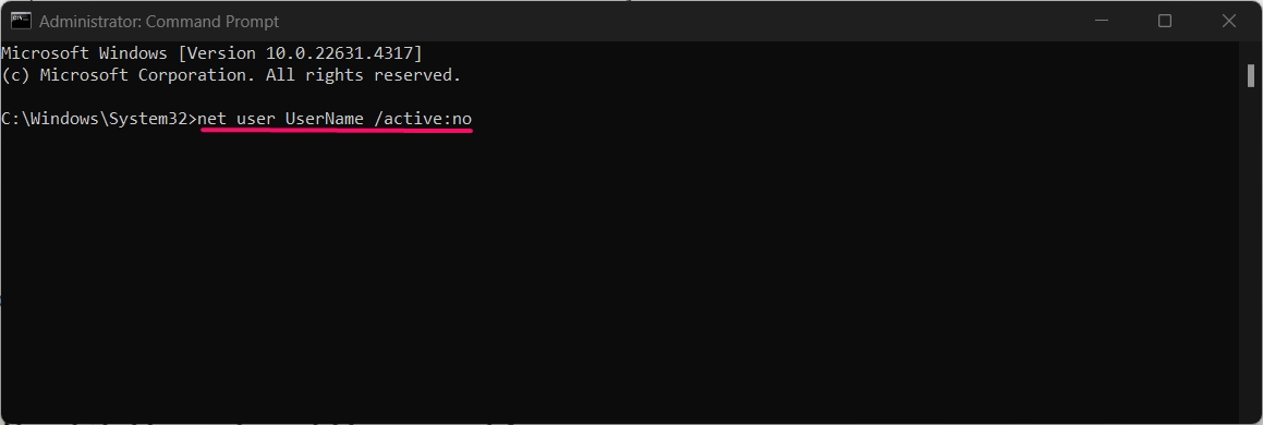 Command to Disable the user account using command prompt