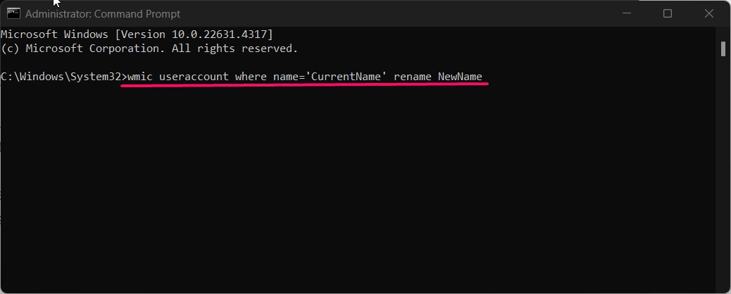 wmic command to rename the user account