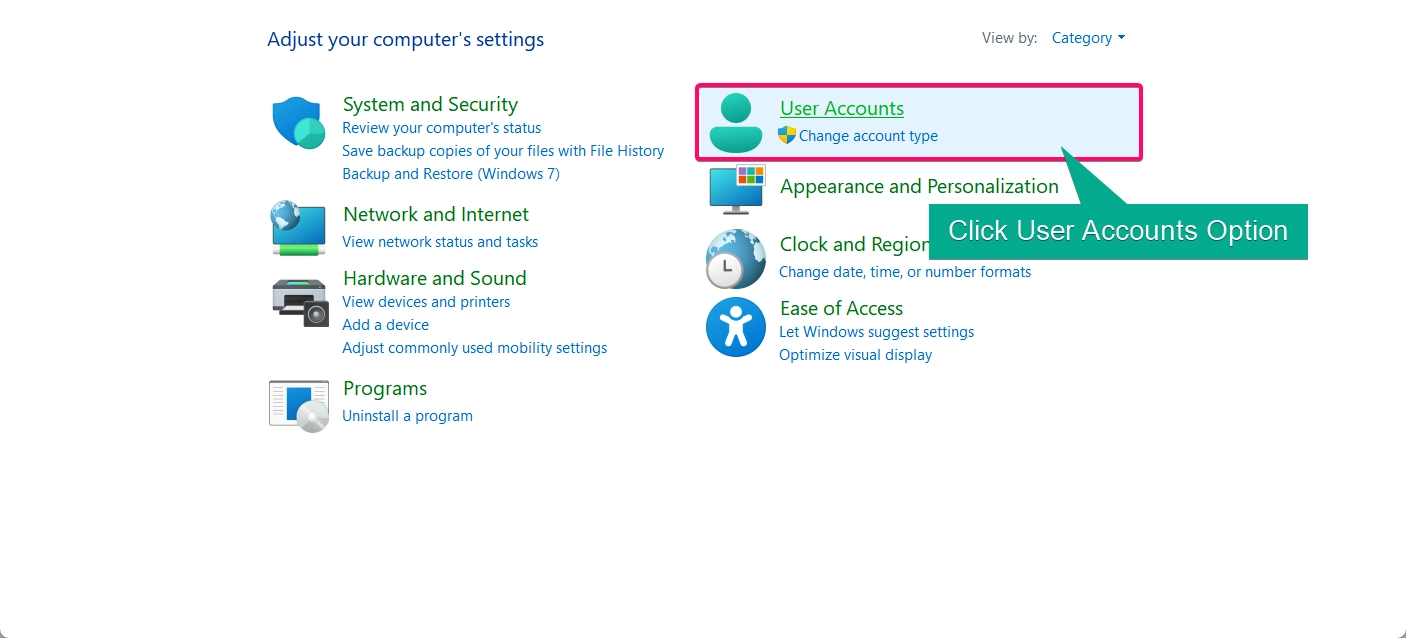 Click on the User Accounts Option