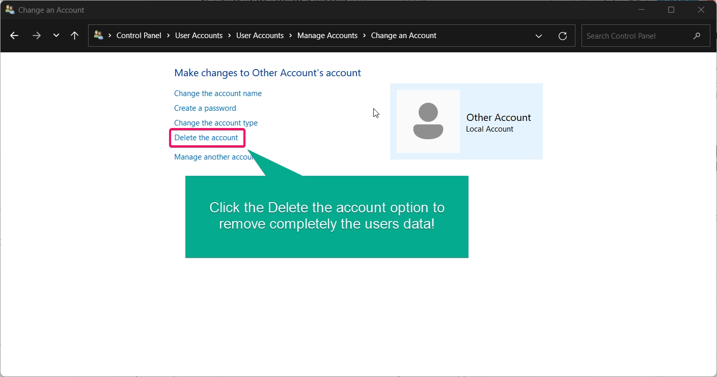 Deleting the user account from the control panel