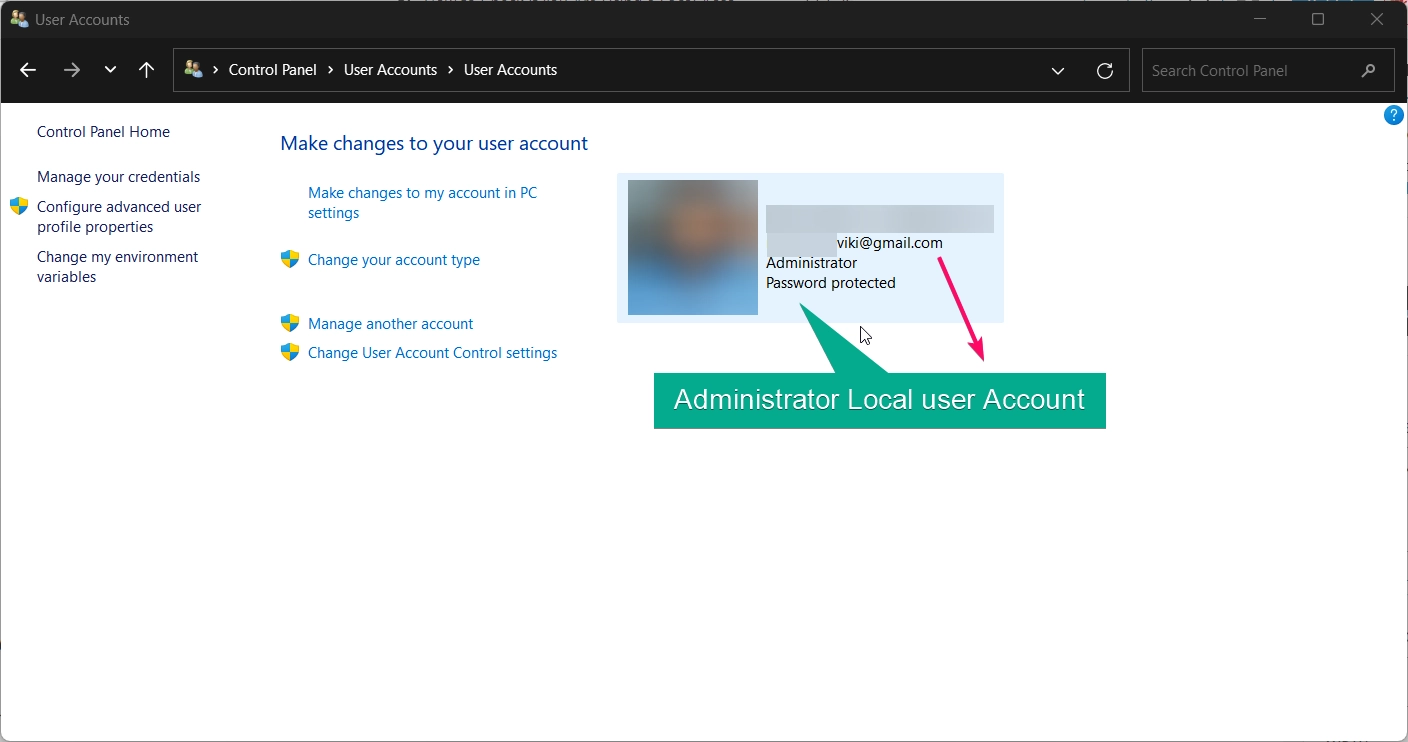 Administrator Local User account from control panel