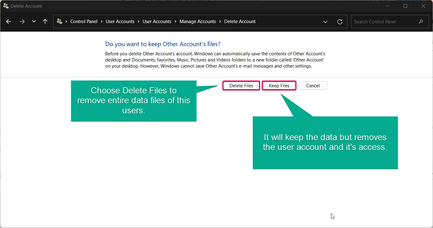 Delete Files and data from control panel