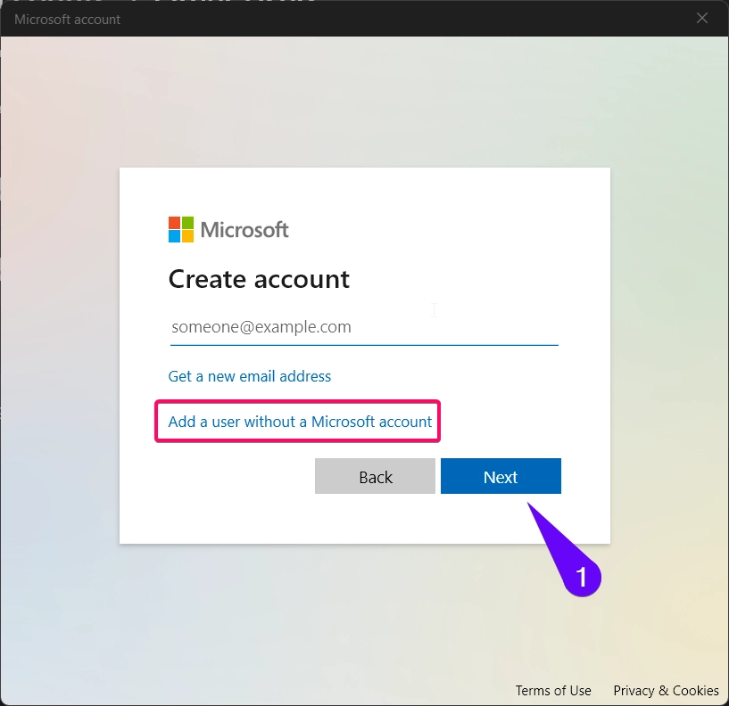 Click Add a user without a microsoft account