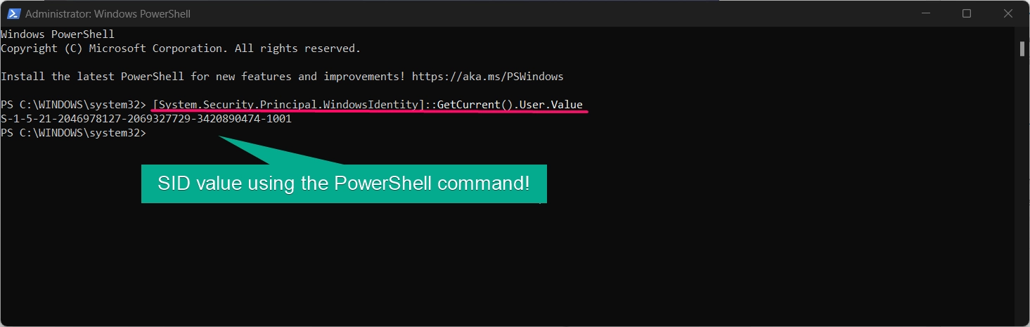 GetCurrent() user command to display current user SID value