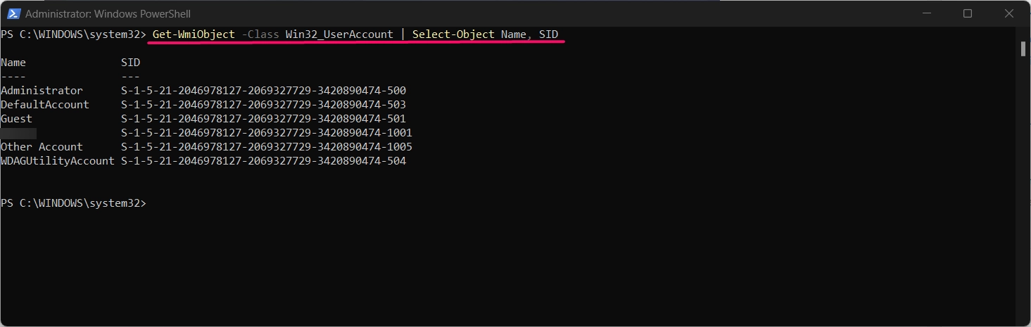 Command will display all list of users and SID values