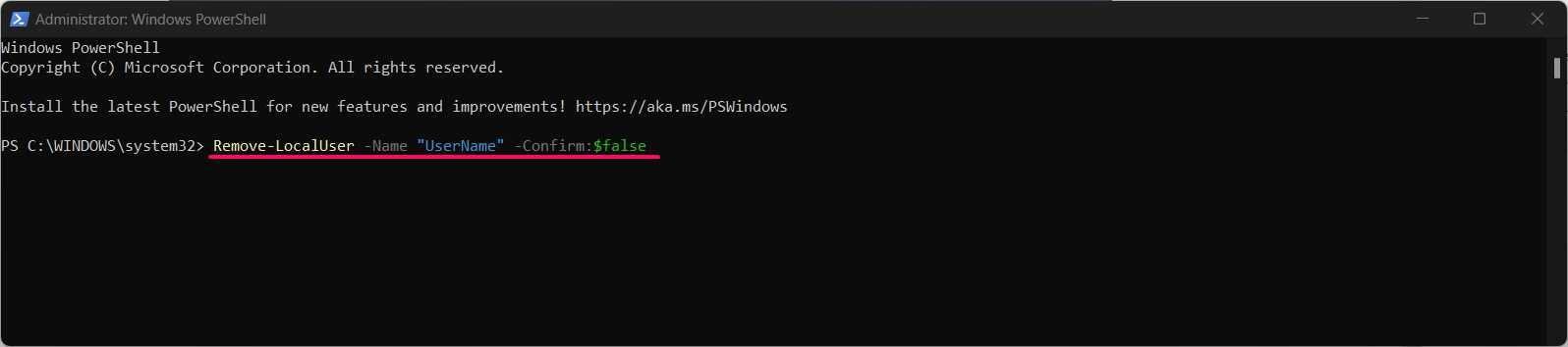 Powershell command to remove your current pin