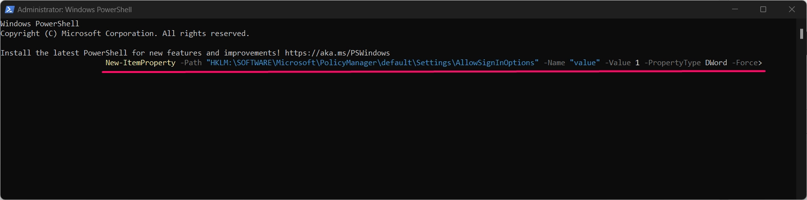 PowerShell command to enable pin setup on your pc.