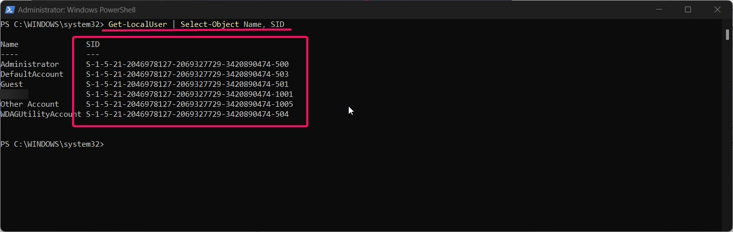 Get-LocalUser command to display all users and their SID values