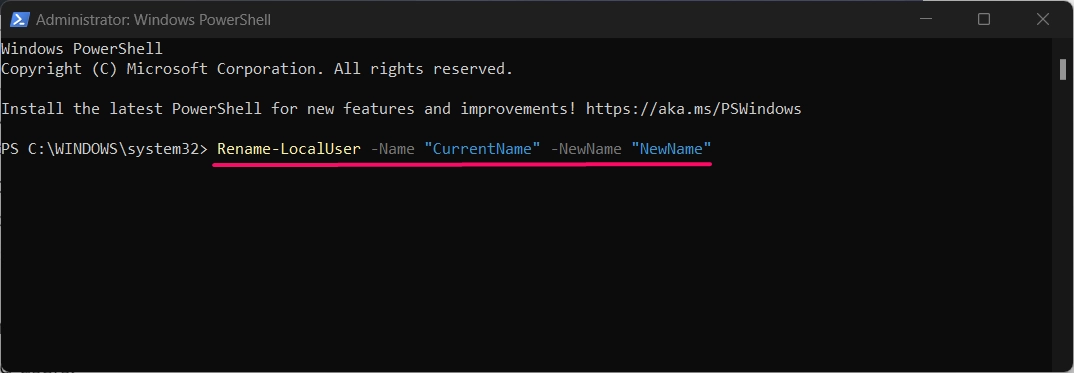 PowerShell command to rename user account