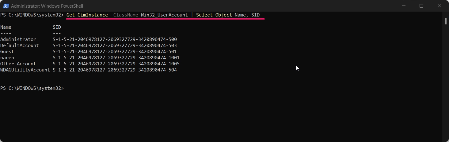 Get-CimInstance command to display all users and their SID values