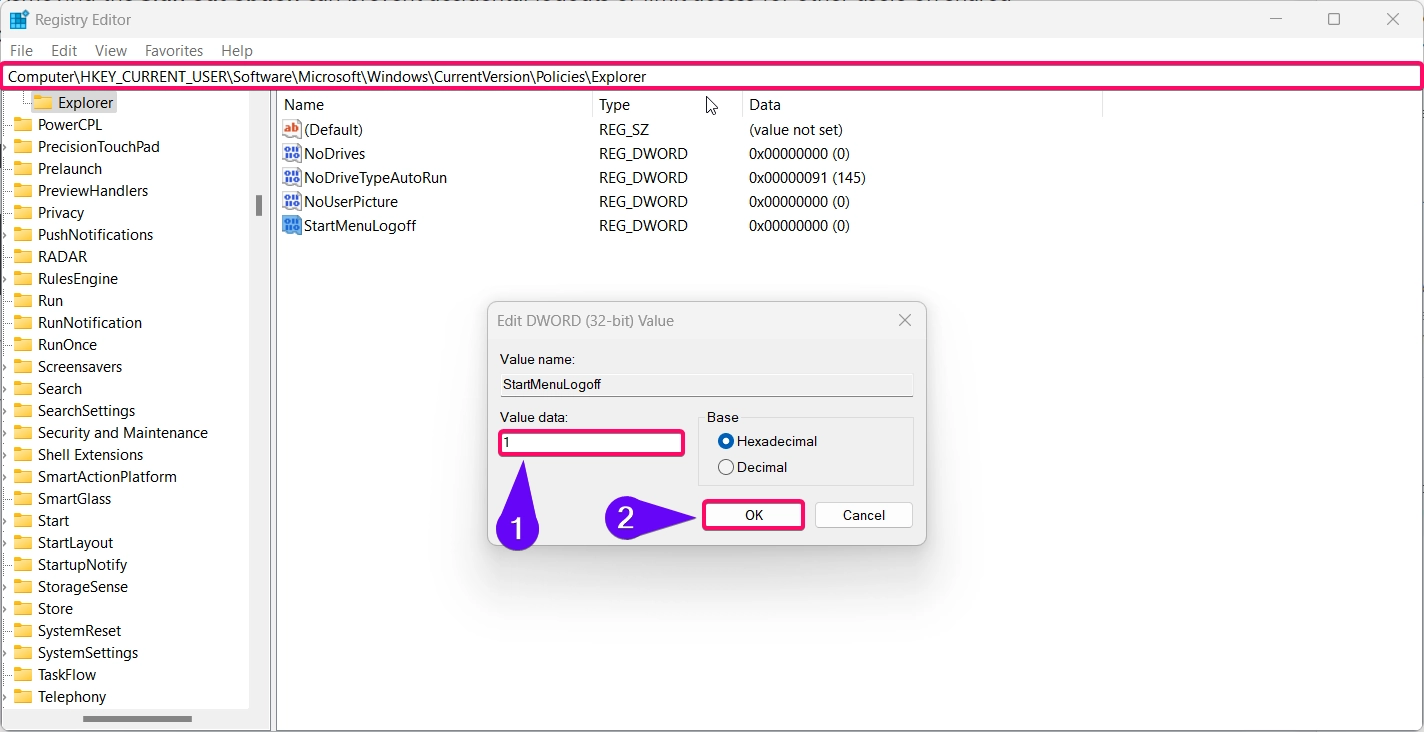 Setting the DWORD Value to 1 to enable