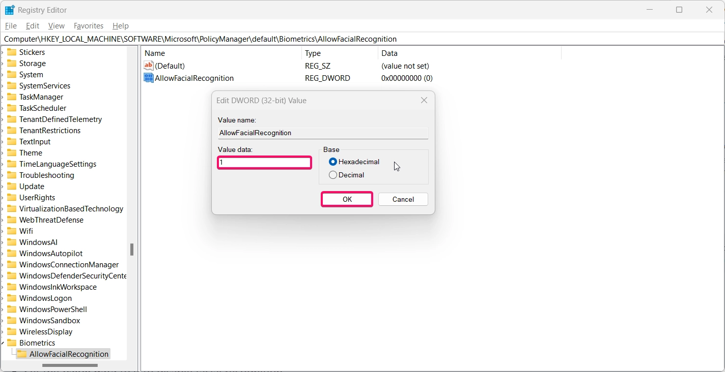 Setting DWORD 32 value as 1 to enable AllowFacialRecognition