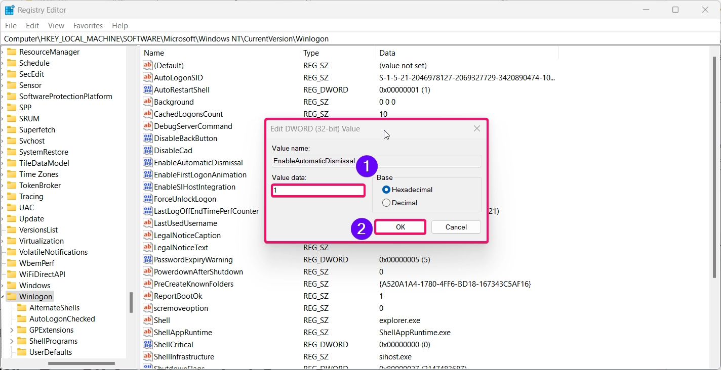 Enable EnableAutomaticDismissal in registry editor