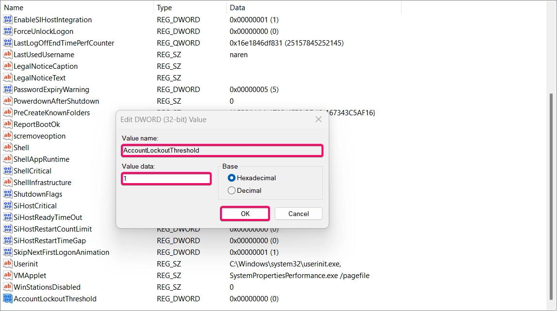 Changing the DWORD 32 value to 1 to set lockout threshold