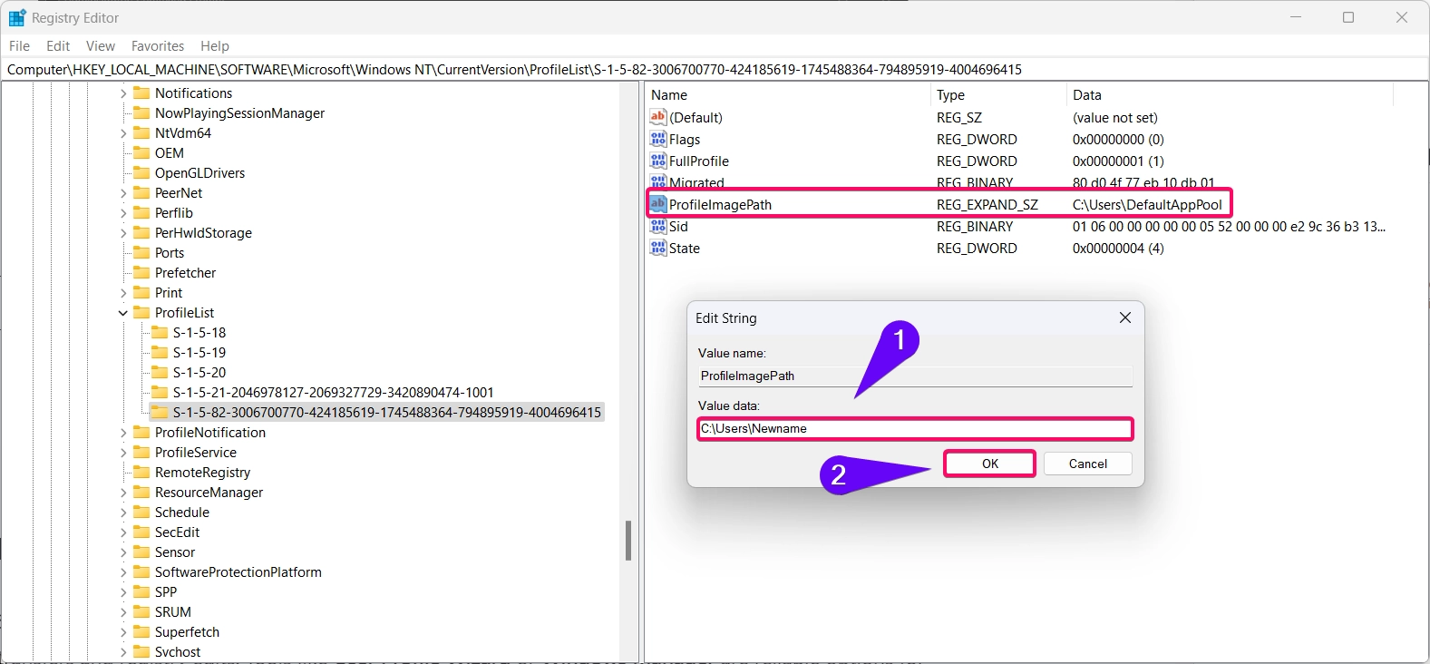 Map the Profile Image path to the new profile name in registry editor