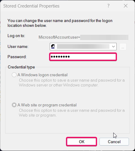 resetting the pin via stored credential properties options