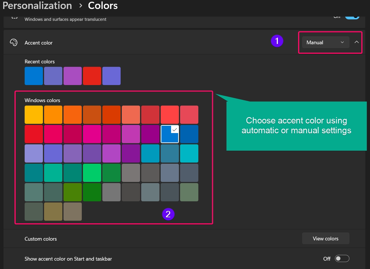 Choosing Accent color using Manual or automatic setting