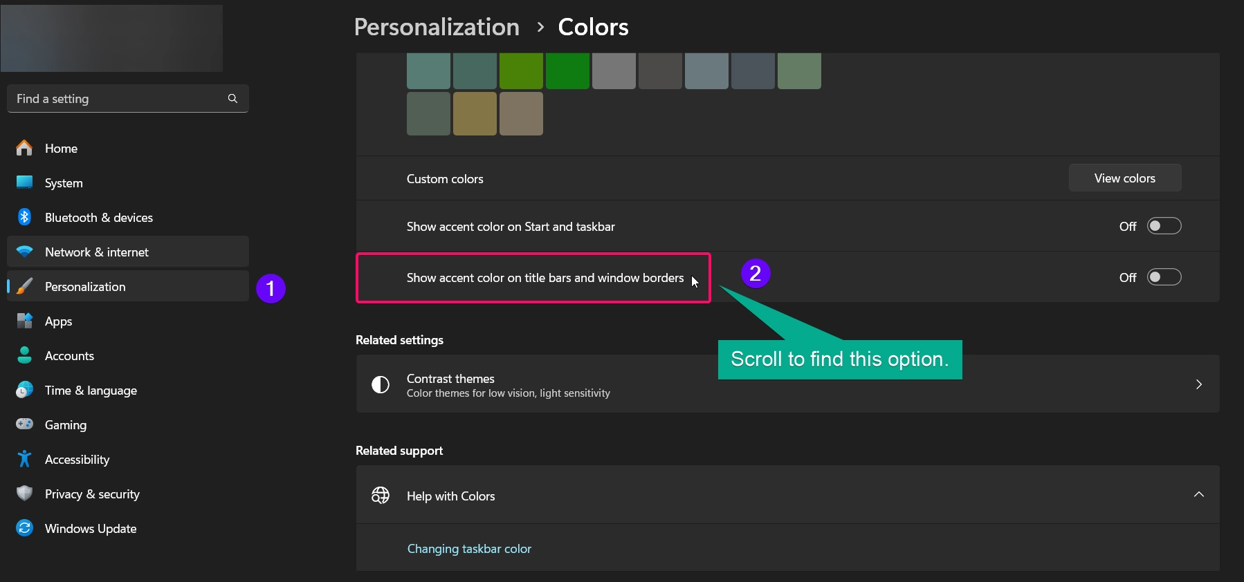 Scroll down to find show accent color on title bars and window borders
