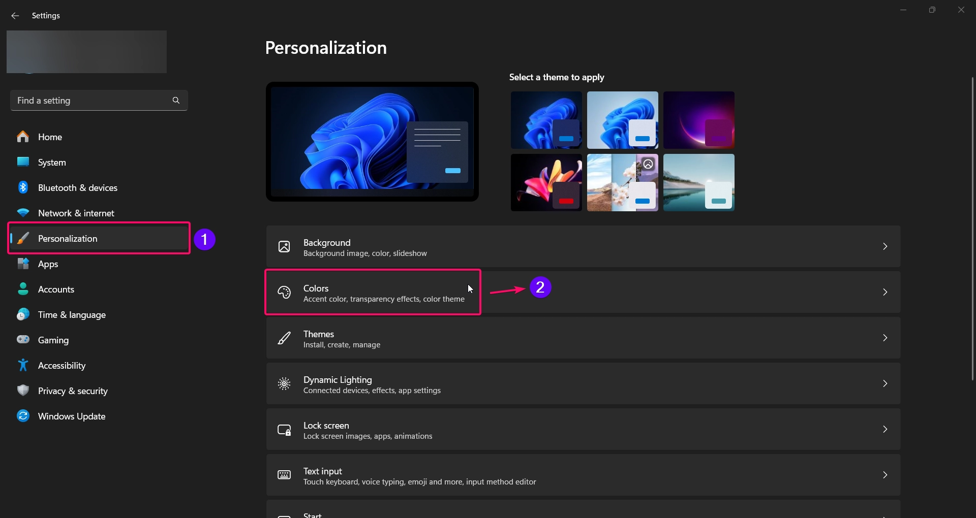 Choosing Colors from Personalization settings