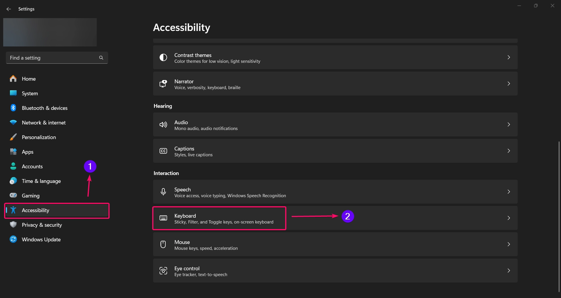 Choosing Keyboard from Accessibility settings option