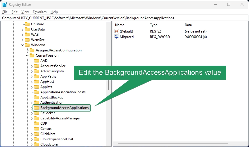 Edit the backgroundaccessapplications value