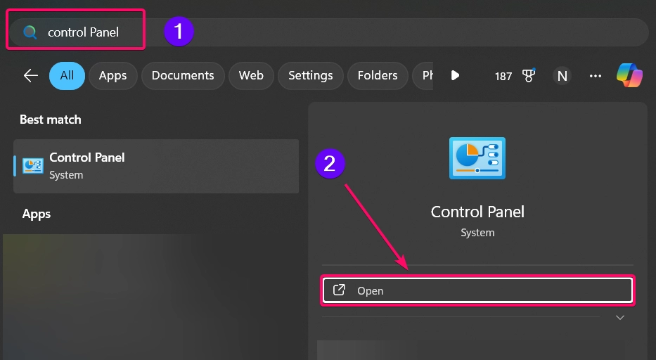 Open Control Panel from Start Menu