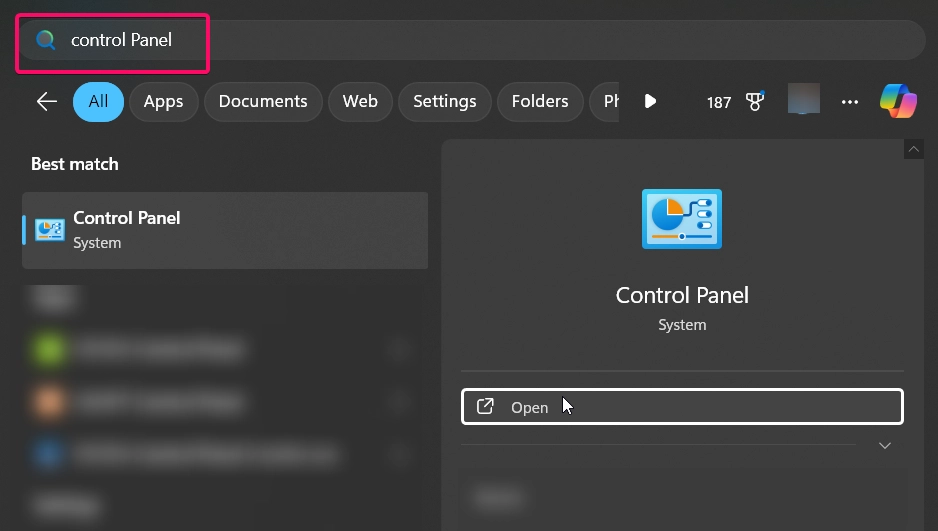 Opening Control Panel from Start Menu