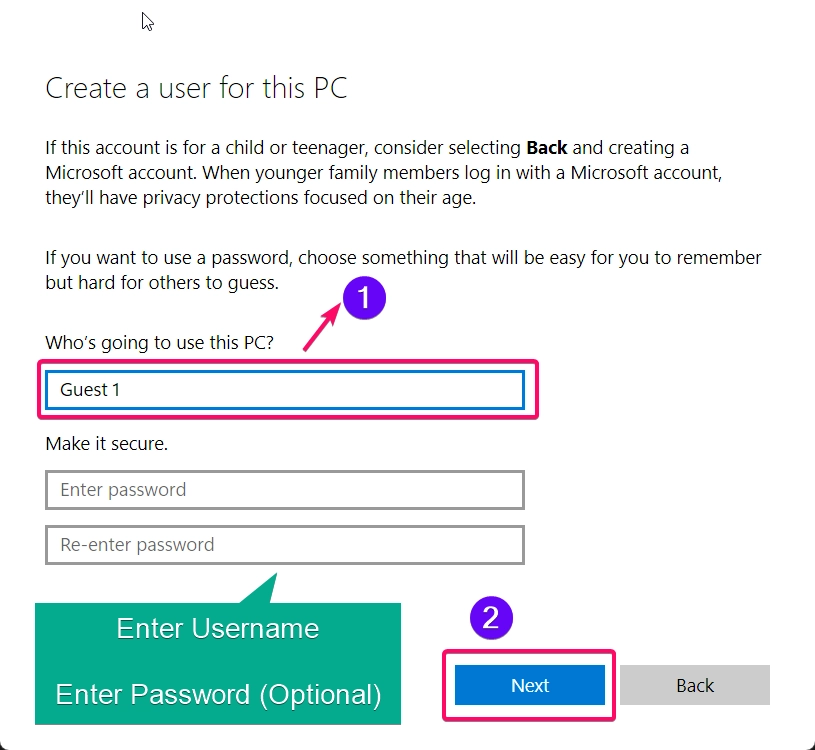 Enter Username Details and Passwords